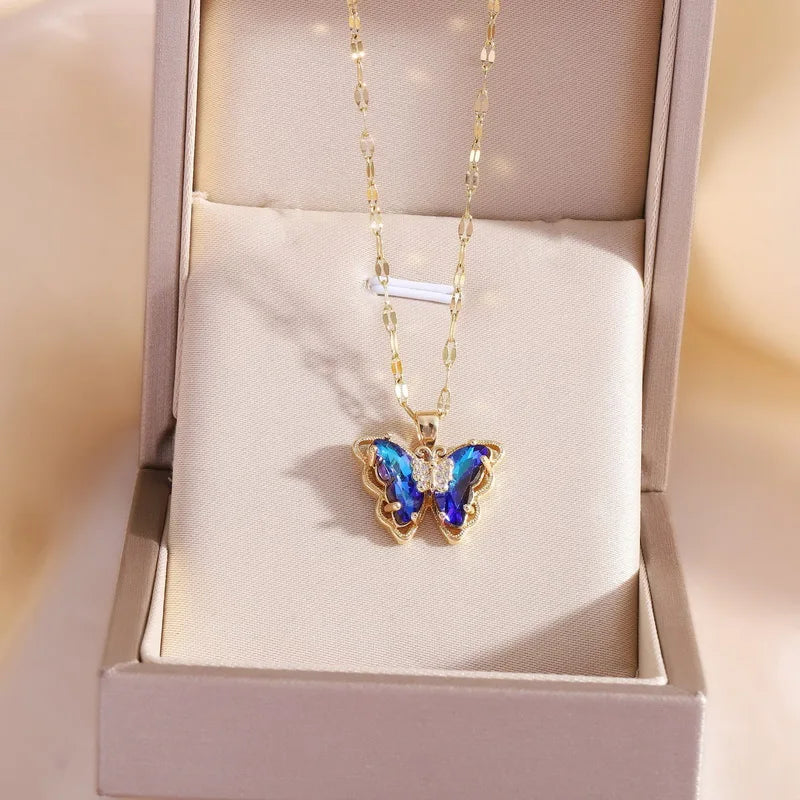 "GlideAura Butterfly Necklace – Sparkling Zircon Pendant on Luxe Clavicle Chain"