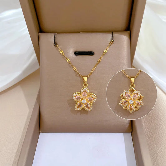 PetalWhirl Spinner Necklace – Pink Bloom Choker in Titanium Steel