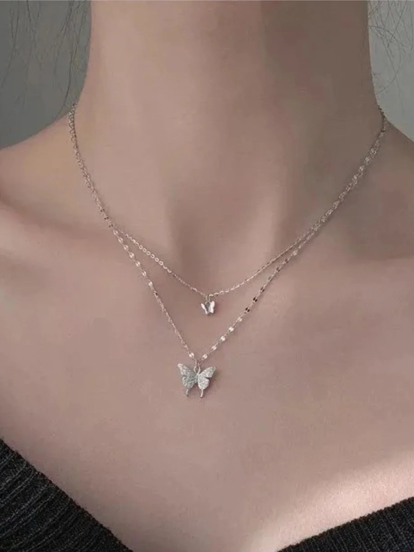 Twilight Wings Double-Layer Necklace – Sparkling Butterfly Charm for Elegant Occasions