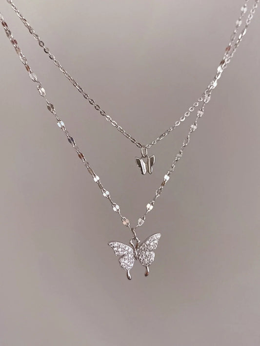 Twilight Wings Double-Layer Necklace – Sparkling Butterfly Charm for Elegant Occasions