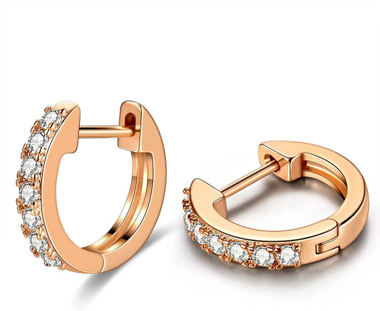 Rose Gold Huggie Earrings for Women 14K Real Gold Plated, Small Cubic Zirconia Cartilage Hoop Earrings Cuffs for Women