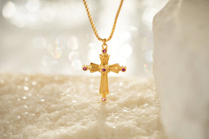 Cross Necklace for Women 14K Gold Plated Ruby Cross Pendant Necklaces Simple Vintage Jewelry