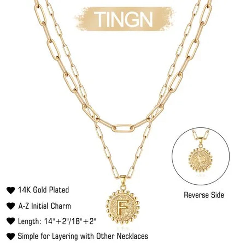 Gold Initial Necklaces for Women Girls 14K Gold Plated Dainty Layering Paperclip Link Chain Necklace Coin Initial Layered Gold Necklaces for Women
