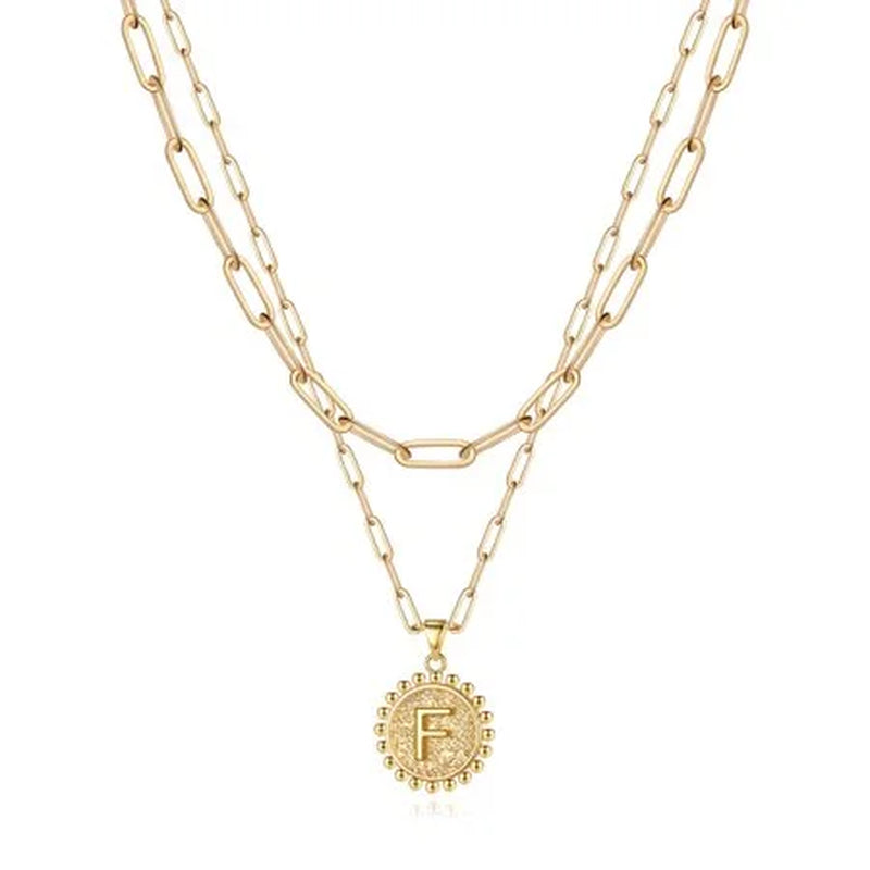 Gold Initial Necklaces for Women Girls 14K Gold Plated Dainty Layering Paperclip Link Chain Necklace Coin Initial Layered Gold Necklaces for Women