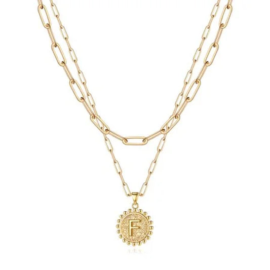 Gold Initial Necklaces for Women Girls 14K Gold Plated Dainty Layering Paperclip Link Chain Necklace Coin Initial Layered Gold Necklaces for Women