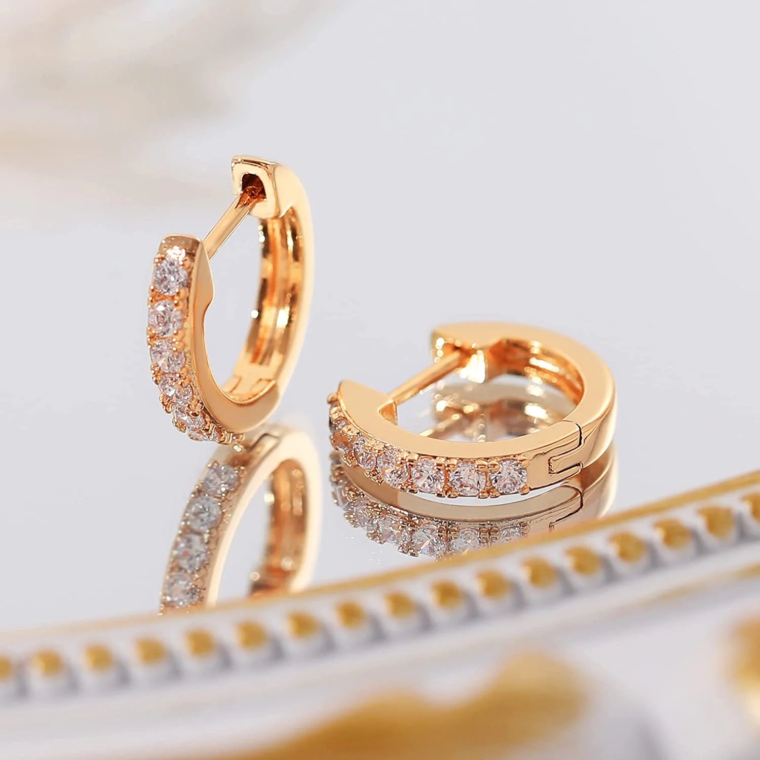 Rose Gold Huggie Earrings for Women 14K Real Gold Plated, Small Cubic Zirconia Cartilage Hoop Earrings Cuffs for Women