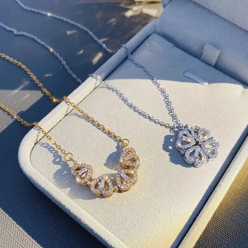 Lovelink Bloom Necklace – Magnetic 4-Heart Floral Pendant with Dual-Wear Design