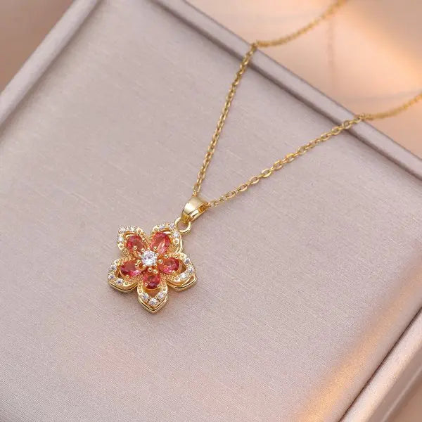 PetalWhirl Spinner Necklace – Pink Bloom Choker in Titanium Steel