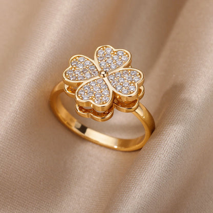 "TwirlCharm Clover Spinner Ring – Anti-Stress Steel Fidget Jewelry with Zircon Sparkle"