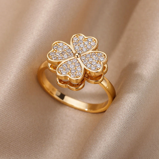 "TwirlCharm Clover Spinner Ring – Anti-Stress Steel Fidget Jewelry with Zircon Sparkle"