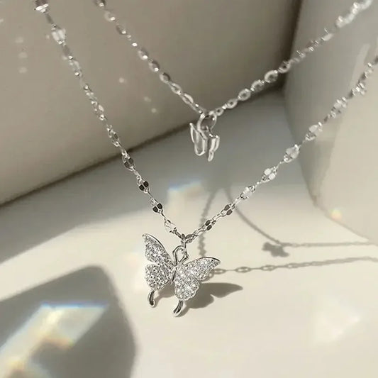Twilight Wings Double-Layer Necklace – Sparkling Butterfly Charm for Elegant Occasions
