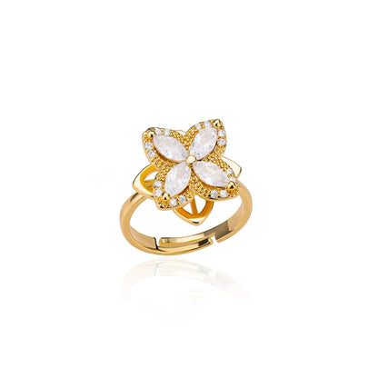 "TwirlCharm Clover Spinner Ring – Anti-Stress Steel Fidget Jewelry with Zircon Sparkle"