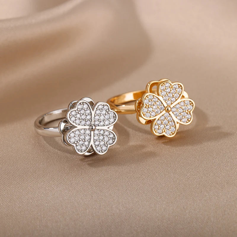 "TwirlCharm Clover Spinner Ring – Anti-Stress Steel Fidget Jewelry with Zircon Sparkle"