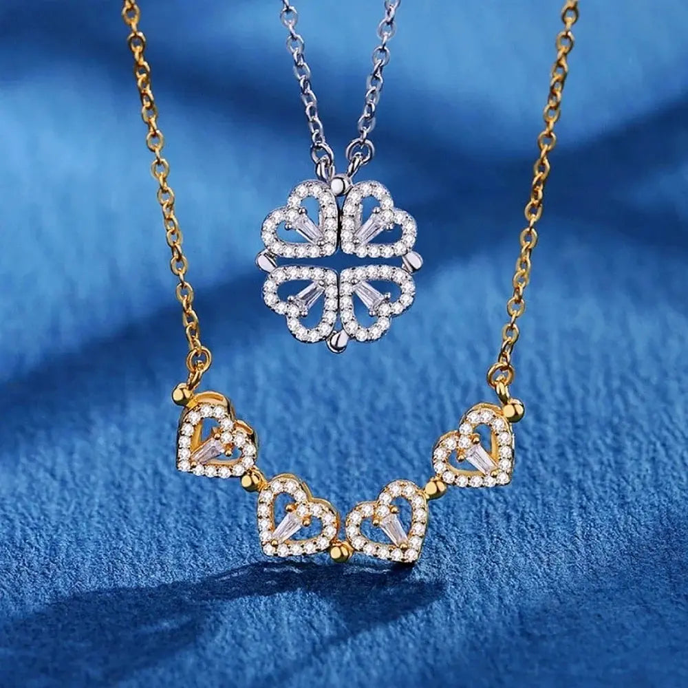 Lovelink Bloom Necklace – Magnetic 4-Heart Floral Pendant with Dual-Wear Design