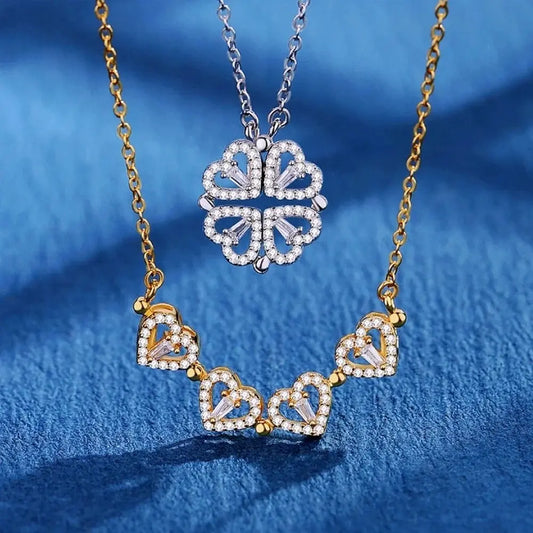 Lovelink Bloom Necklace – Magnetic 4-Heart Floral Pendant with Dual-Wear Design