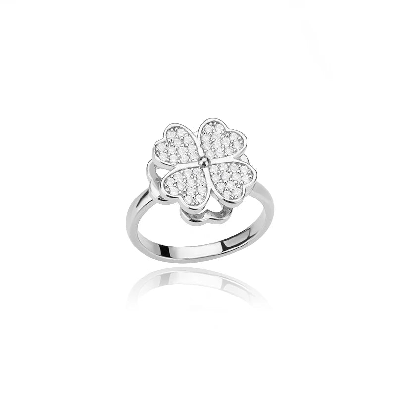 "TwirlCharm Clover Spinner Ring – Anti-Stress Steel Fidget Jewelry with Zircon Sparkle"