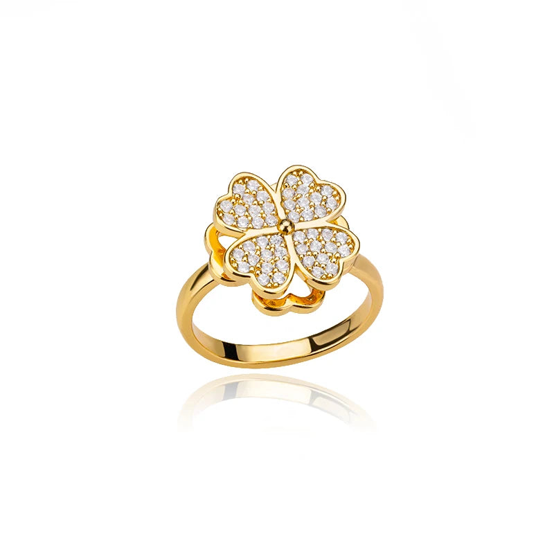 "TwirlCharm Clover Spinner Ring – Anti-Stress Steel Fidget Jewelry with Zircon Sparkle"