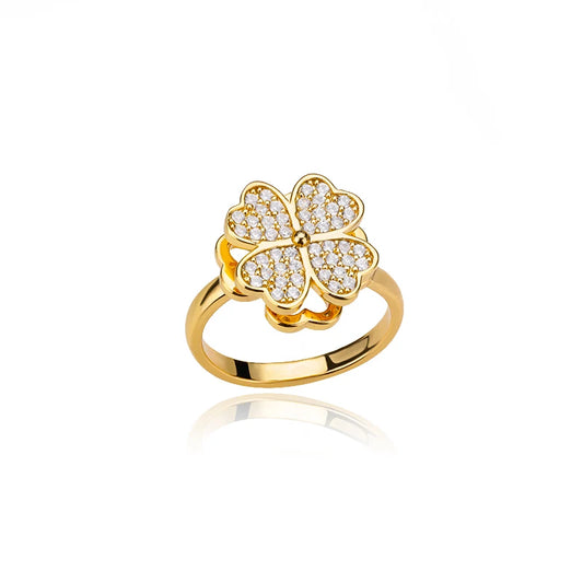 "TwirlCharm Clover Spinner Ring – Anti-Stress Steel Fidget Jewelry with Zircon Sparkle"