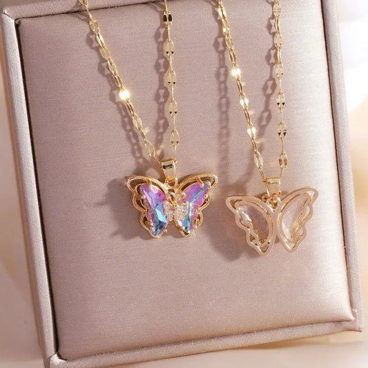 "GlideAura Butterfly Necklace – Sparkling Zircon Pendant on Luxe Clavicle Chain"