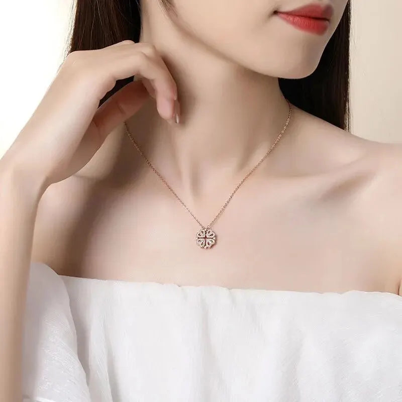 Lovelink Bloom Necklace – Magnetic 4-Heart Floral Pendant with Dual-Wear Design