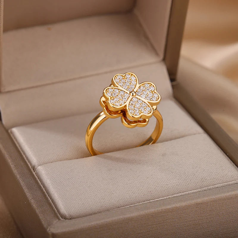 "TwirlCharm Clover Spinner Ring – Anti-Stress Steel Fidget Jewelry with Zircon Sparkle"