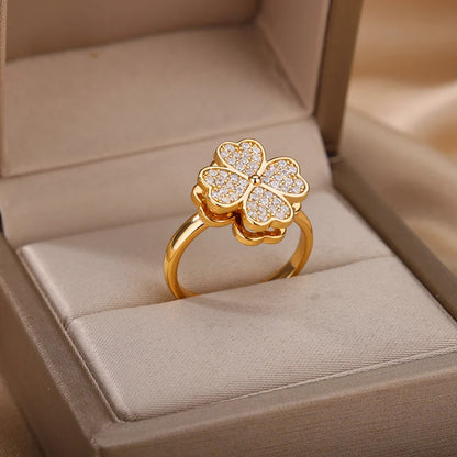 "TwirlCharm Clover Spinner Ring – Anti-Stress Steel Fidget Jewelry with Zircon Sparkle"