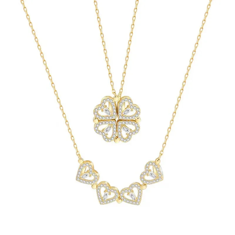 Lovelink Bloom Necklace – Magnetic 4-Heart Floral Pendant with Dual-Wear Design