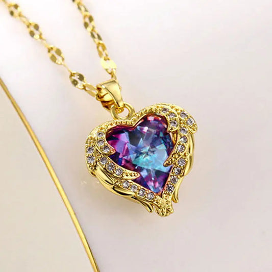 Celestia Heart Wings Necklace – Colorful Crystal Pendant with Ocean-Inspired Shine