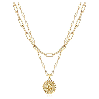 Gold Initial Necklaces for Women Girls 14K Gold Plated Dainty Layering Paperclip Link Chain Necklace Coin Initial Layered Gold Necklaces for Women